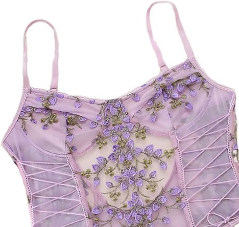 Lilosy Women Sexy Lace Up Floral Embroidered Teddy Lingerie Bodysuit Top Mesh Sheer One Piece in Kuwait