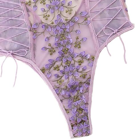 Lilosy Women Sexy Lace Up Floral Embroidered Teddy Lingerie Bodysuit Top Mesh Sheer One Piece in Kuwait