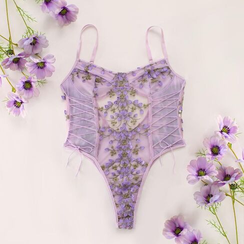 Lilosy Women Sexy Lace Up Floral Embroidered Teddy Lingerie Bodysuit Top Mesh Sheer One Piece in Kuwait