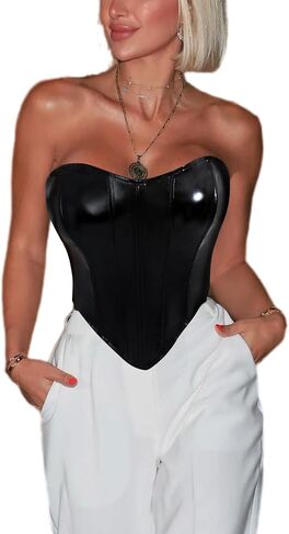 ABMOIU Leather Corset Tops for Women Strapless Lace Up Boned Sweetheart Neck Bodyshaper Bustier Sexy Crop Top in Kuwait
