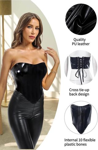 ABMOIU Leather Corset Tops for Women Strapless Lace Up Boned Sweetheart Neck Bodyshaper Bustier Sexy Crop Top in Kuwait