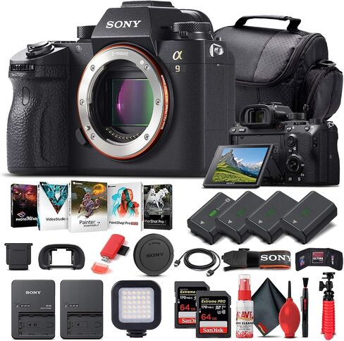 Sony Alpha a9 Mirrorless Digital Camera (Body Only) (ILCE9/B) + 2 x 64GB Memory Card + 3 x NP-FZ-100 Battery + Corel Photo Software + Case + External Charger + Card Reader + LED Light + More (Renewed) in Saudi Arabia