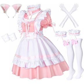 Wannsee Anime French Maid Apron Lolita Fancy Dress Cosplay Costume Furry Cat Ear Gloves Socks set(S)