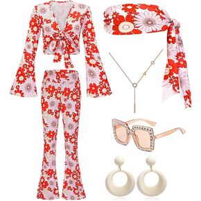 70s Costume for Women,1970s Top Shirts Clothes Disco Pants Outfits,70's Glasses Earrings Headband Hippie Decades Halloween Accessories,Green,S