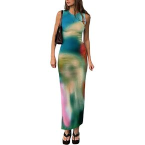 Argeousgor Women Y2k Tie Dye Tank Dress Sleeveless Bodycon Long Dresses Printed Slim Fit Short Dress Trendy Summer Sundress in Saudi Arabia