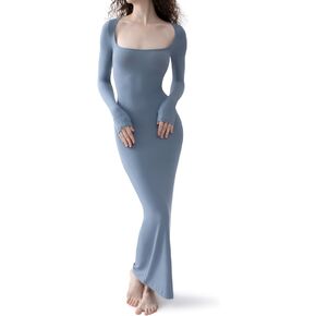 PUMIEY Women's Square Neck Long Sleeve Maxi Dress Ribbed Bodycon Dresses for Women Soft Lounge Dress