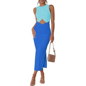Meenew المرأة بلا أكمام الصيف Bodycon فستان طويل Bodycon تويست انقطاع ميدي فستان ضيق Ruched التعادل الخلفي تانك فستان مع شق