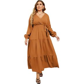 KOJOOIN Women Plus Size V Neck Wrap Maxi Dress Flutter Short Sleeve High Waist Ruffle Summer Casual Dress with Belt