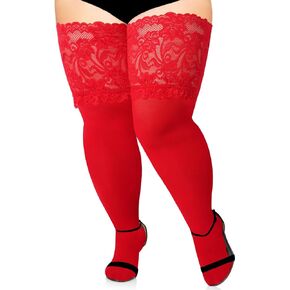Moon Wood Plus Size Thigh High Stockings 55D Semi Sheer 6.88IN Silicone Lace Top Stay Up Lingerie Thigh High for Women