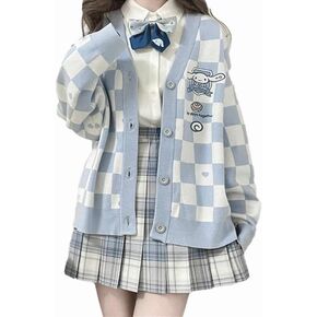 Kawaii Sweater Anime Plaid Cardigan Sweaters Cardigan for Women Cosplay Costume V Neck Long Sleeve