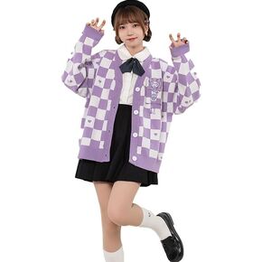 Kawaii Sweater Anime Plaid Cardigan Sweaters Cardigan for Women Cosplay Costume V Neck Long Sleeve