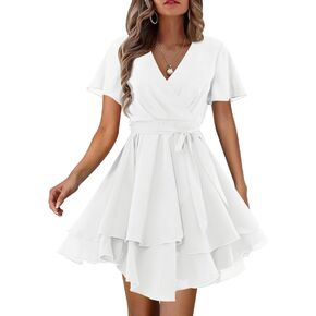Amoretu Women's 2023 Summer Wrap Dress Short/Long Sleeve Casual V Neck Ruffle Mini Dresses