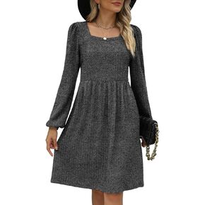 فستان WEESO نسائي منسوج برقبة مربعة وأكمام طويلة وطول الركبة فساتين بيبي دول in Kuwait