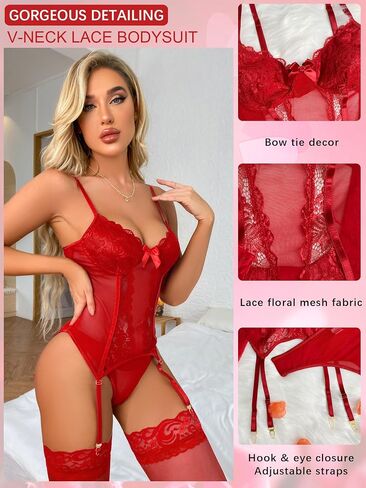 ssyyx Women's Sexy Lingerie Set with Garter Belt Lace Bodysuit Teddy Baby Dolls Panty with Stockings in Kuwait