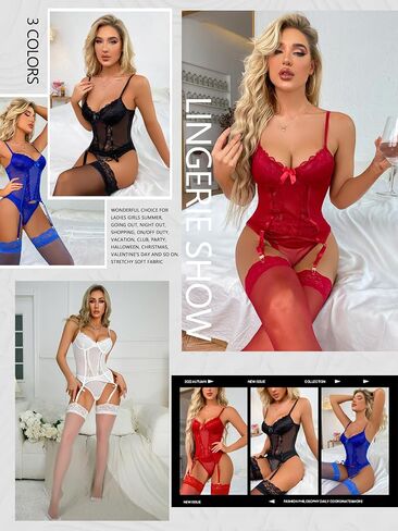 ssyyx Women's Sexy Lingerie Set with Garter Belt Lace Bodysuit Teddy Baby Dolls Panty with Stockings in Kuwait