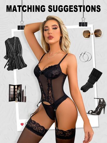 ssyyx Women's Sexy Lingerie Set with Garter Belt Lace Bodysuit Teddy Baby Dolls Panty with Stockings in Kuwait