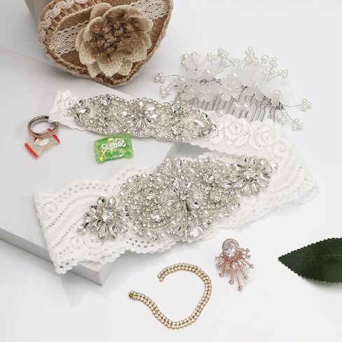 yanstar Wedding Bridal Garter Stretch Lace Bridal Garter Sets with Rhinestones Clear Crystal Pearl for Wedding in Saudi Arabia