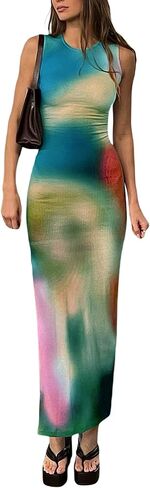 Argeousgor النساء Y2k التعادل صبغ تانك فستان بلا أكمام Bodycon فساتين طويلة مطبوعة سليم صالح فستان قصير عصري الصيف فستان الشمس in Saudi Arabia
