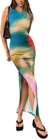 Argeousgor النساء Y2k التعادل صبغ تانك فستان بلا أكمام Bodycon فساتين طويلة مطبوعة سليم صالح فستان قصير عصري الصيف فستان الشمس in Saudi Arabia