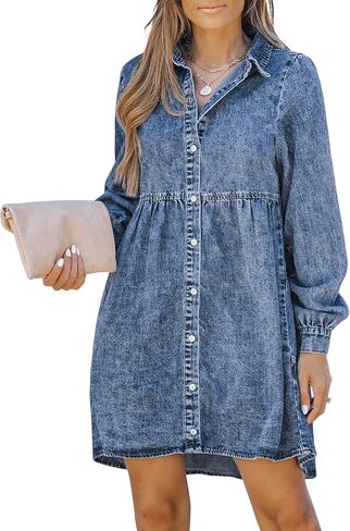 LookbookStore Long Sleeve Denim Dress for Women Jean Dress Button Down Casual Babydoll Denim Shirt Dress in Kuwait