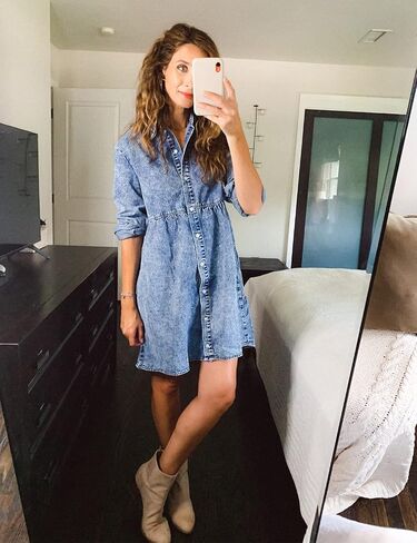 LookbookStore Long Sleeve Denim Dress for Women Jean Dress Button Down Casual Babydoll Denim Shirt Dress in Kuwait