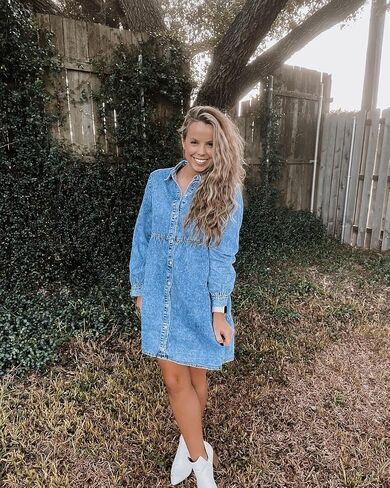 LookbookStore Long Sleeve Denim Dress for Women Jean Dress Button Down Casual Babydoll Denim Shirt Dress in Kuwait
