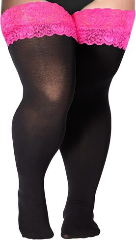 Moon Wood Plus Size Thigh High Stockings Womens 55D Semi Sheer Silicone Lace Top Stay Up Lingerie Thigh Highs Pantyhose in Kuwait
