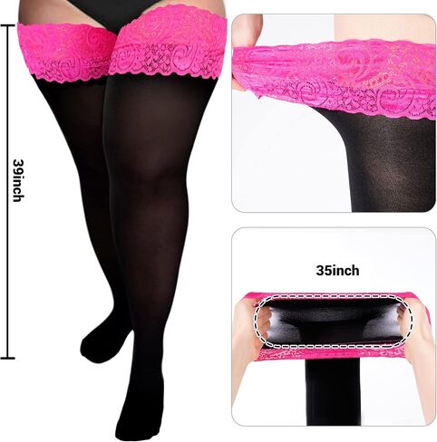 Moon Wood Plus Size Thigh High Stockings Womens 55D Semi Sheer Silicone Lace Top Stay Up Lingerie Thigh Highs Pantyhose in Kuwait