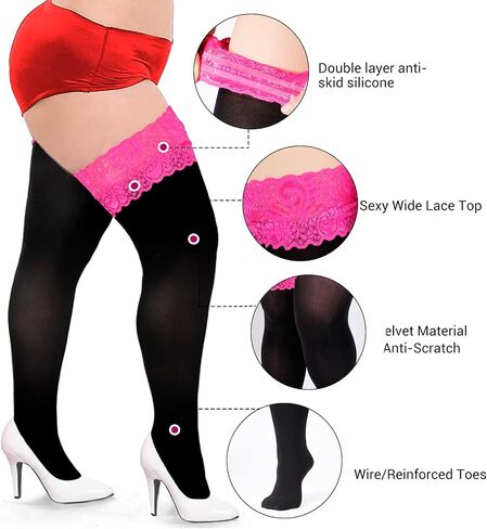Moon Wood Plus Size Thigh High Stockings Womens 55D Semi Sheer Silicone Lace Top Stay Up Lingerie Thigh Highs Pantyhose in Kuwait