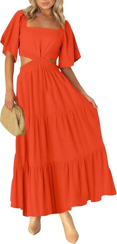 LEANI Women's 2023 Summer Cutout Maxi Dress Square Neck Short Sleeve Crossover Waist Casual Party Dresses in Kuwait