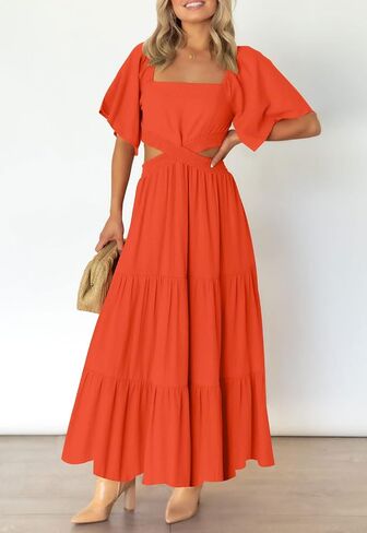 LEANI Women's 2023 Summer Cutout Maxi Dress Square Neck Short Sleeve Crossover Waist Casual Party Dresses in Kuwait