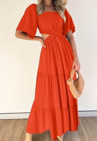 LEANI Women's 2023 Summer Cutout Maxi Dress Square Neck Short Sleeve Crossover Waist Casual Party Dresses in Kuwait