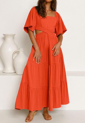 LEANI Women's 2023 Summer Cutout Maxi Dress Square Neck Short Sleeve Crossover Waist Casual Party Dresses in Kuwait