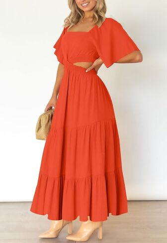 LEANI Women's 2023 Summer Cutout Maxi Dress Square Neck Short Sleeve Crossover Waist Casual Party Dresses in Kuwait