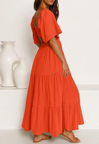 LEANI Women's 2023 Summer Cutout Maxi Dress Square Neck Short Sleeve Crossover Waist Casual Party Dresses in Kuwait
