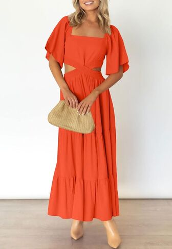 LEANI Women's 2023 Summer Cutout Maxi Dress Square Neck Short Sleeve Crossover Waist Casual Party Dresses in Kuwait