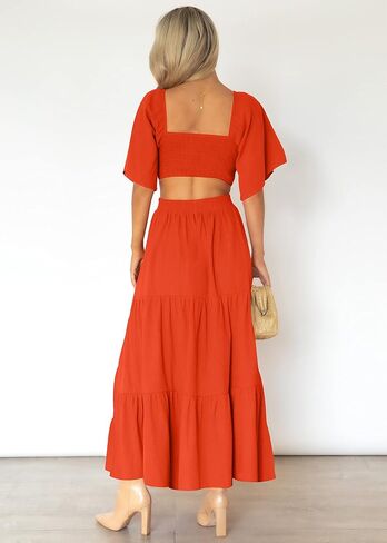 LEANI Women's 2023 Summer Cutout Maxi Dress Square Neck Short Sleeve Crossover Waist Casual Party Dresses in Kuwait