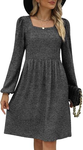 WEESO Womens Knit Dress Square Neck Long Sleeve Knee Length Babydoll Dresses in Kuwait