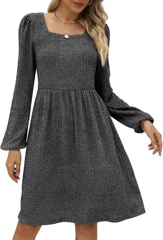 WEESO Womens Knit Dress Square Neck Long Sleeve Knee Length Babydoll Dresses in Kuwait