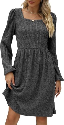 WEESO Womens Knit Dress Square Neck Long Sleeve Knee Length Babydoll Dresses in Kuwait