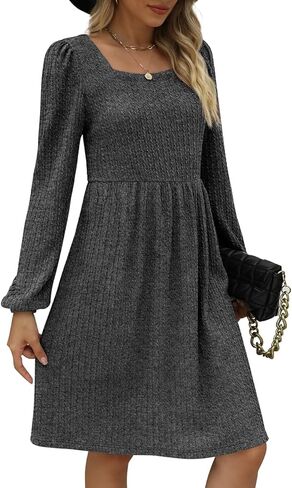 WEESO Womens Knit Dress Square Neck Long Sleeve Knee Length Babydoll Dresses in Kuwait