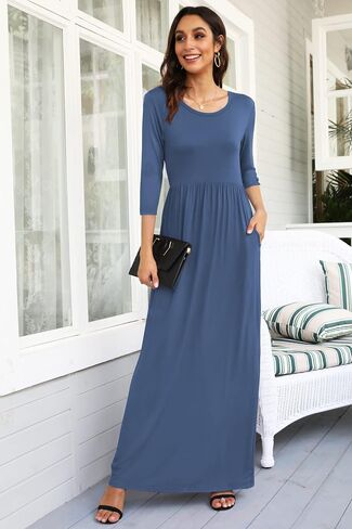 WNEEDU Women's 3/4 Sleeve Loose Casual Long Maxi Dresses with Pockets in Kuwait