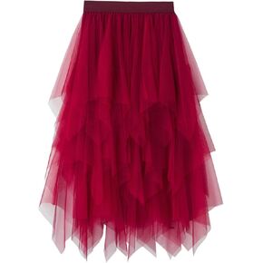 Tulle Skirts for Women 3 Layered High Low Asymmetrical Midi Length Elastic Waist Mesh Tutu Skirts in Saudi Arabia