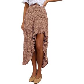 BTFBM Women 2023 Summer Spring Boho Long Skirts Dress Floral Print Elastic Waist Split Ruffle High Low Beach Maxi Skirt