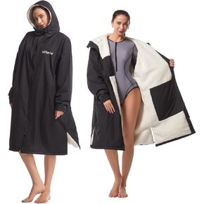 Hiturbo Warm Waterproof Swim Parka: Oversized Hooded Changing Robe - Sherpa Liner Swimming Coat - Recycled Fabric Surf Poncho