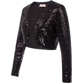 Belle Poque Women's Sequin Jacket Long Sleeve Open Front Glitter Cropped Blazer Bolero Shrug S-XXL