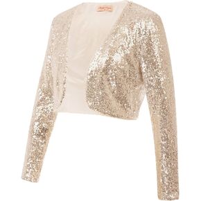 Belle Poque Women's Sequin Jacket Long Sleeve Open Front Glitter Cropped Blazer Bolero Shrug S-XXL