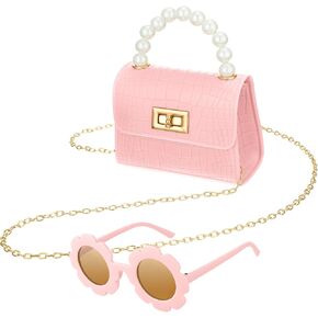 Cunno Kids Toddler Purse for Little Girls Mini Purse Cute Crossbody Bags Princess Flap Kids Handbags with Round Flower Sunglasses