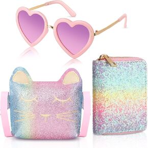 Reginary 3 Pcs Little Girls Purse for Kids Heart Shaped UV Protection Sunglasses Crossbody Bag Glitter Cat Toddler Wallet