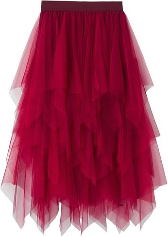 Tulle Skirts for Women 3 Layered High Low Asymmetrical Midi Length Elastic Waist Mesh Tutu Skirts in Kuwait